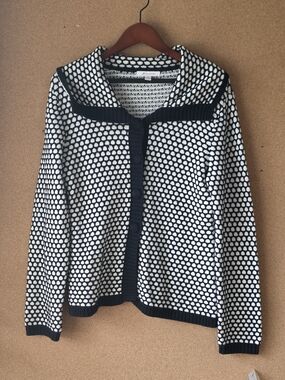 JM Collection Black White Honeycomb Sailor Collar Cardigan Sweater M